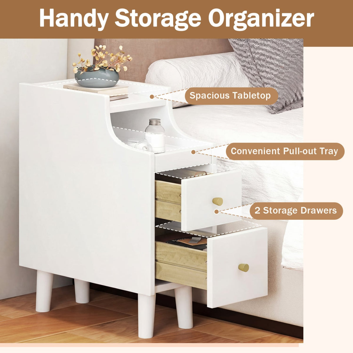 Solid Wood Night Side Table Narrow Bedside Table Nightstand with Pull-out Tray and 2 Storage Drawers-White-Nightstands-DECOROLALA
