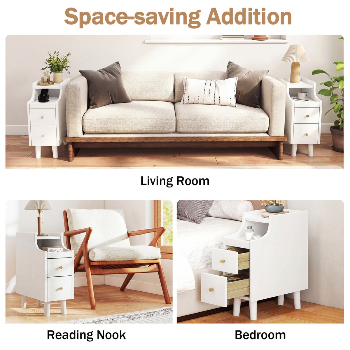 Solid Wood Night Side Table Narrow Bedside Table Nightstand with Pull-out Tray and 2 Storage Drawers-White-Nightstands-DECOROLALA