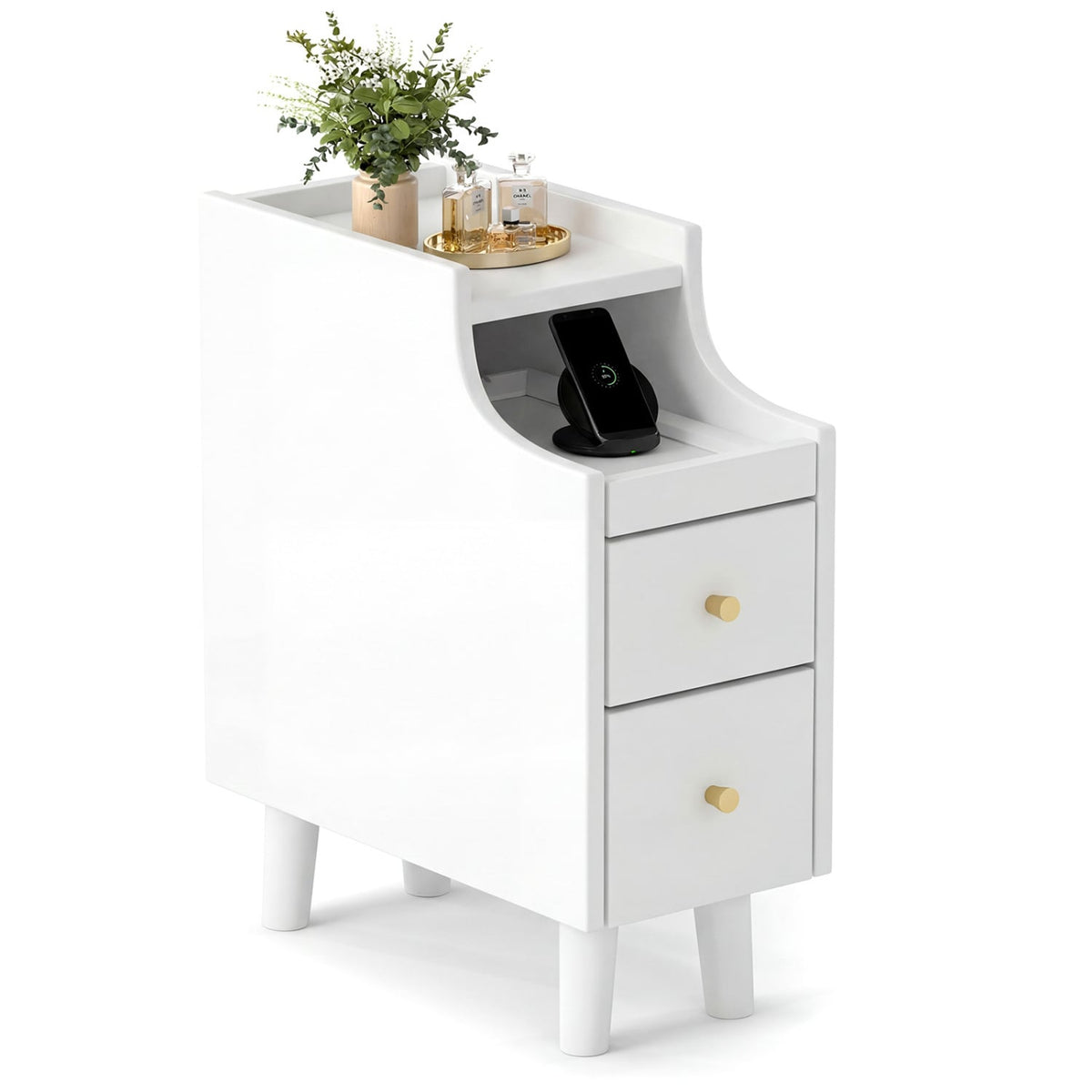 Solid Wood Night Side Table Narrow Bedside Table Nightstand with Pull-out Tray and 2 Storage Drawers-White-Nightstands-DECOROLALA