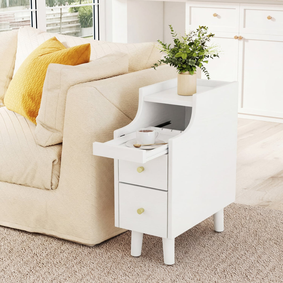 Solid Wood Night Side Table Narrow Bedside Table Nightstand with Pull-out Tray and 2 Storage Drawers-White-Nightstands-DECOROLALA