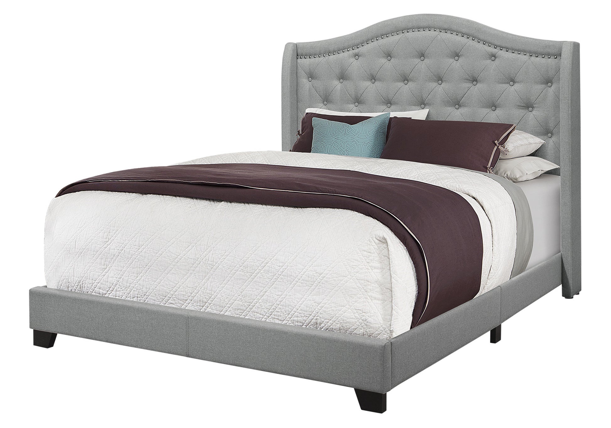 Solid Wood Queen Tufted Gray Upholstered Linen Bed With Nailhead Trim-Standard Beds-DECOROLALA