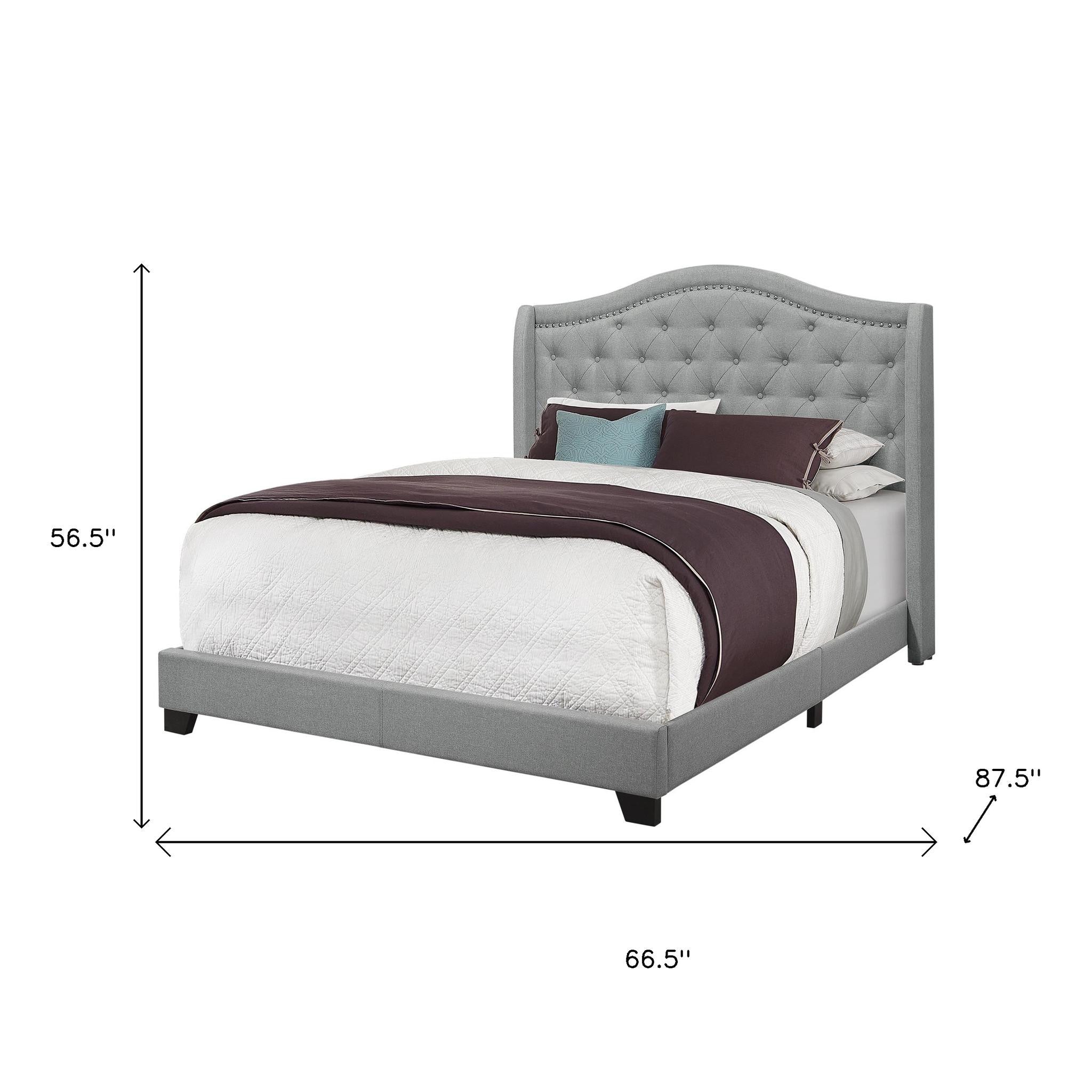 Solid Wood Queen Tufted Gray Upholstered Linen Bed With Nailhead Trim-Standard Beds-DECOROLALA