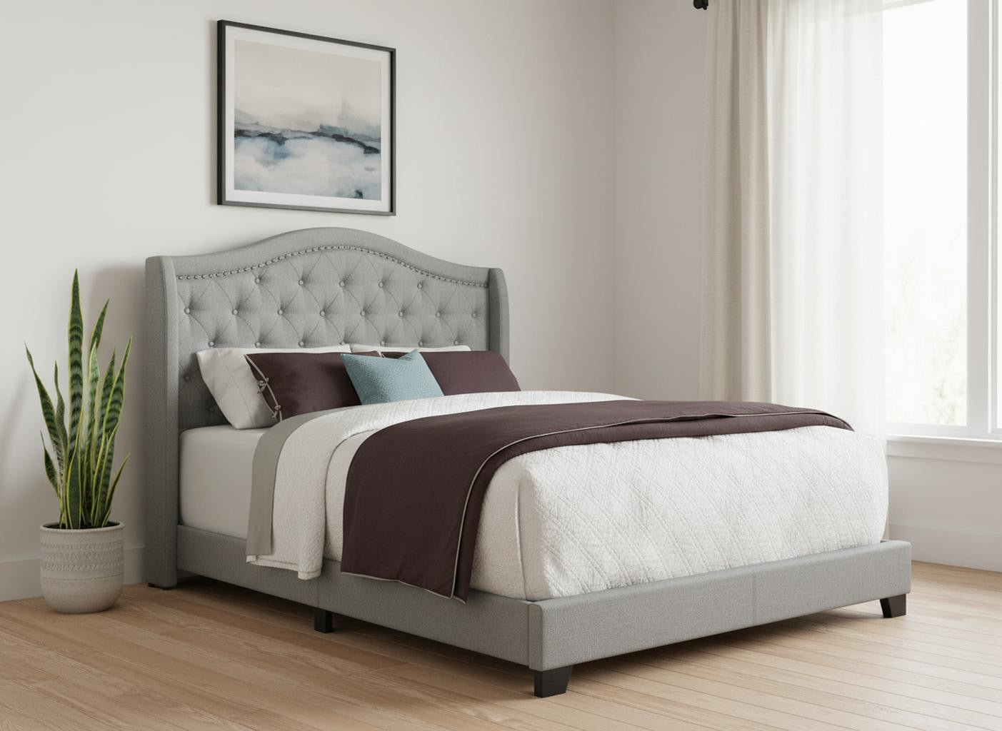 Solid Wood Queen Tufted Gray Upholstered Linen Bed With Nailhead Trim-Standard Beds-DECOROLALA