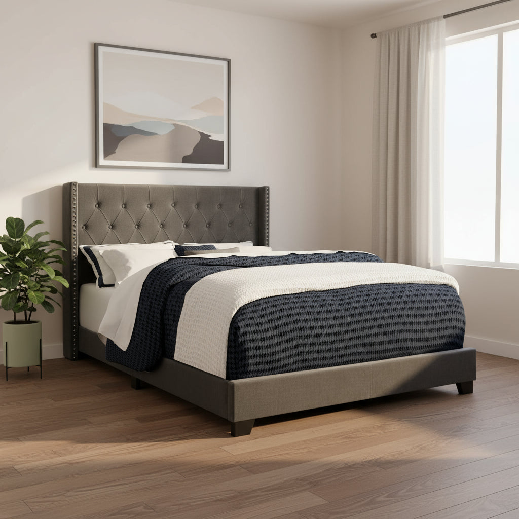 Solid Wood Queen Tufted Gray Upholstered Velvet Bed With Nailhead Trim-Standard Beds-DECOROLALA