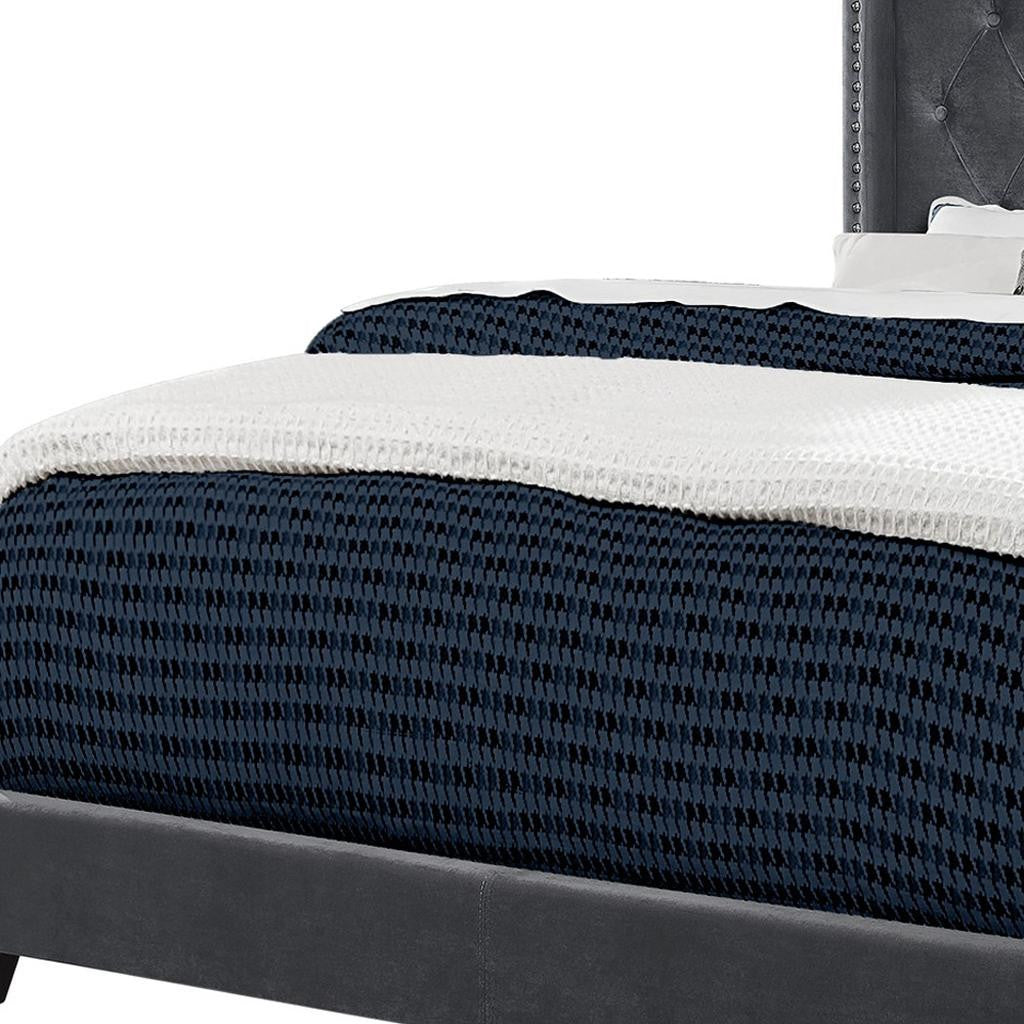 Solid Wood Queen Tufted Gray Upholstered Velvet Bed With Nailhead Trim-Standard Beds-DECOROLALA