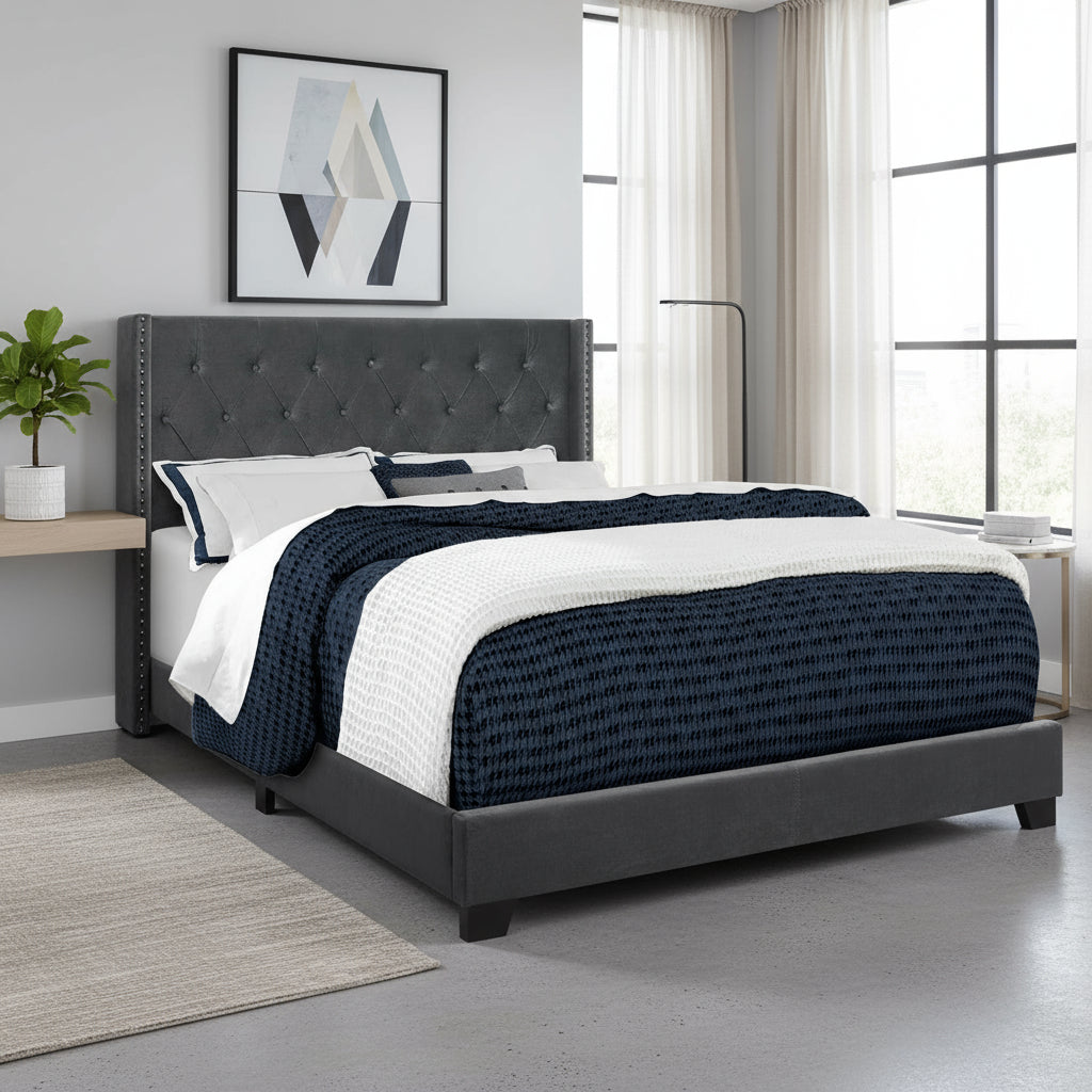 Solid Wood Queen Tufted Gray Upholstered Velvet Bed With Nailhead Trim-Standard Beds-DECOROLALA