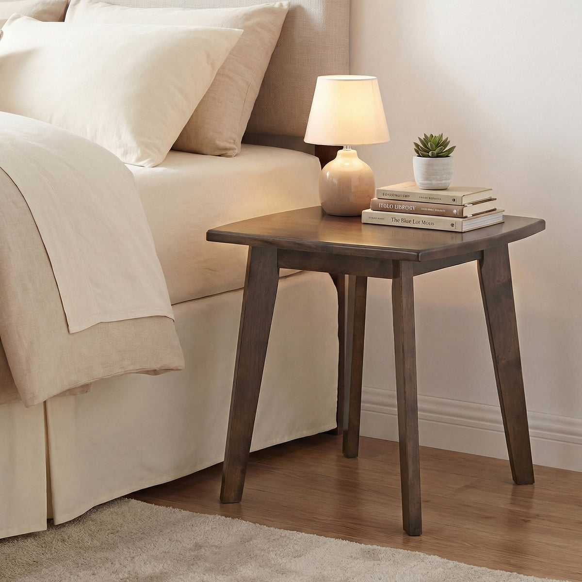 Solid Wood Side Table Square End Table with Thickened Top and Curved Edge-Walnut-End & Side Tables-DECOROLALA