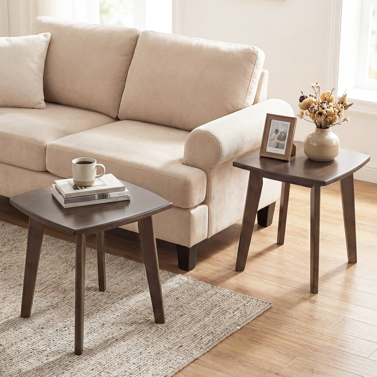 Solid Wood Side Table Square End Table with Thickened Top and Curved Edge-Walnut-End & Side Tables-DECOROLALA