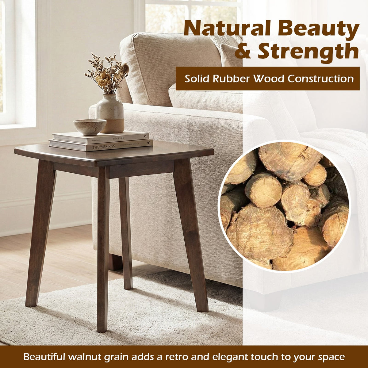 Solid Wood Side Table Square End Table with Thickened Top and Curved Edge-Walnut-End & Side Tables-DECOROLALA