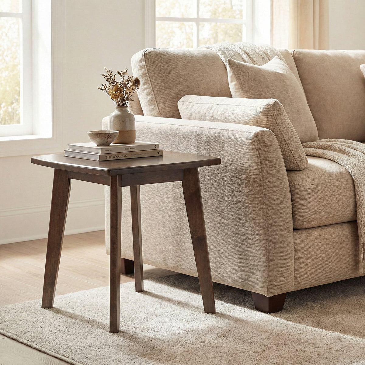 Solid Wood Side Table Square End Table with Thickened Top and Curved Edge-Walnut-End & Side Tables-DECOROLALA
