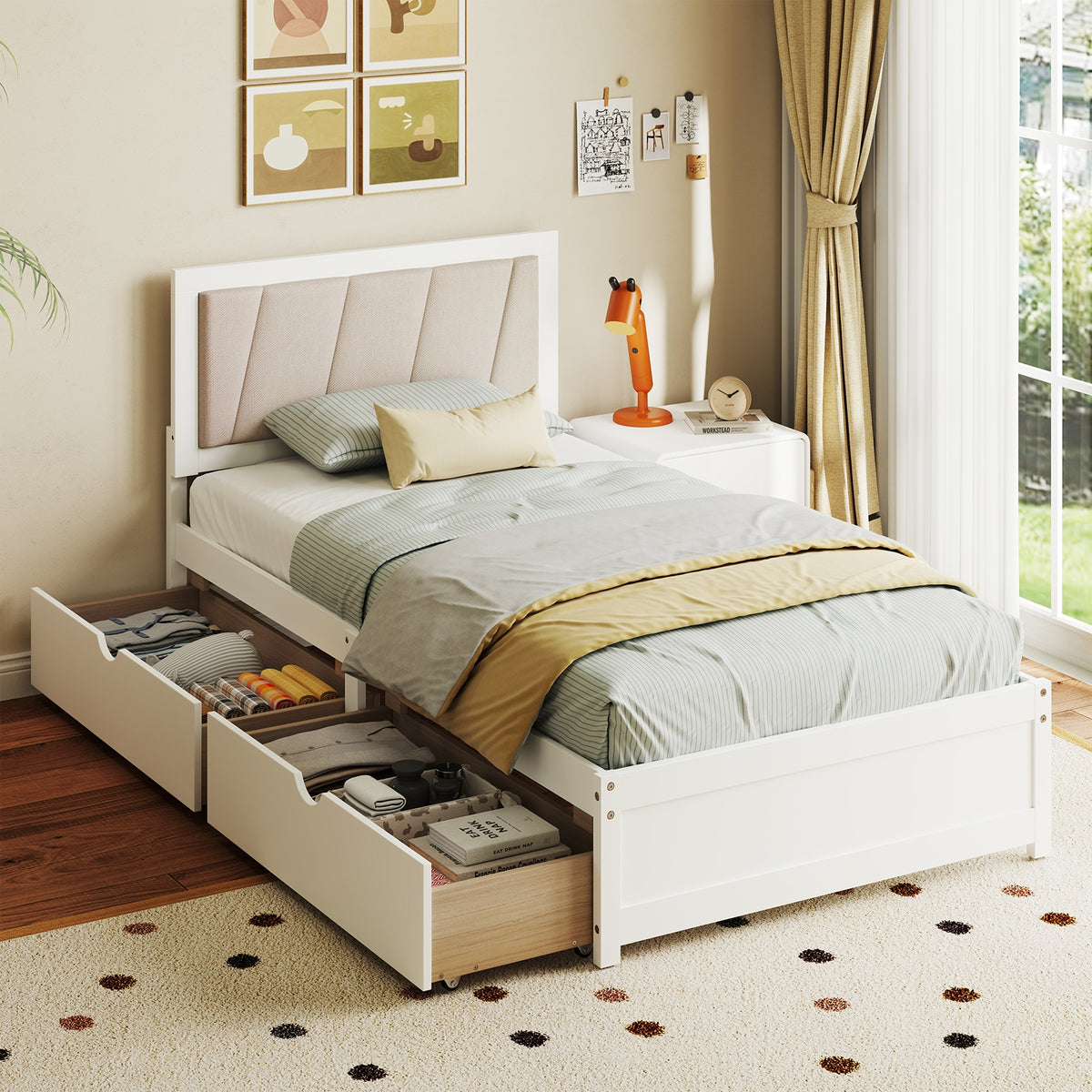 Solid Wood Structure Bed Frame with 2 Drawers Upholstered Headboard-Twin Size-Simple Bed Frame-DECOROLALA