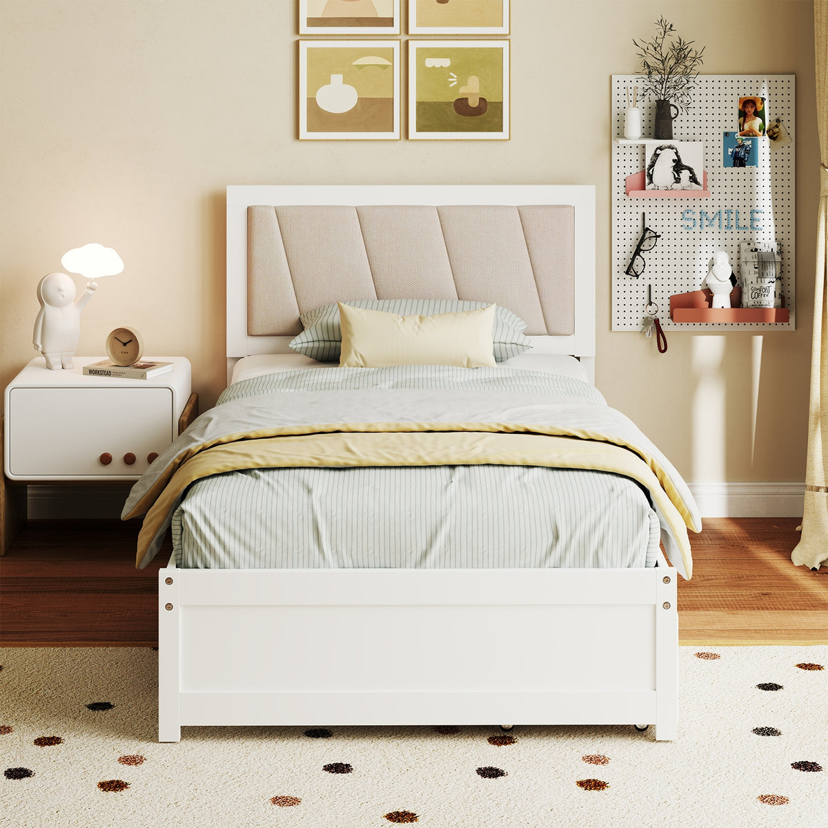 Solid Wood Structure Bed Frame with 2 Drawers Upholstered Headboard-Twin Size-Simple Bed Frame-DECOROLALA