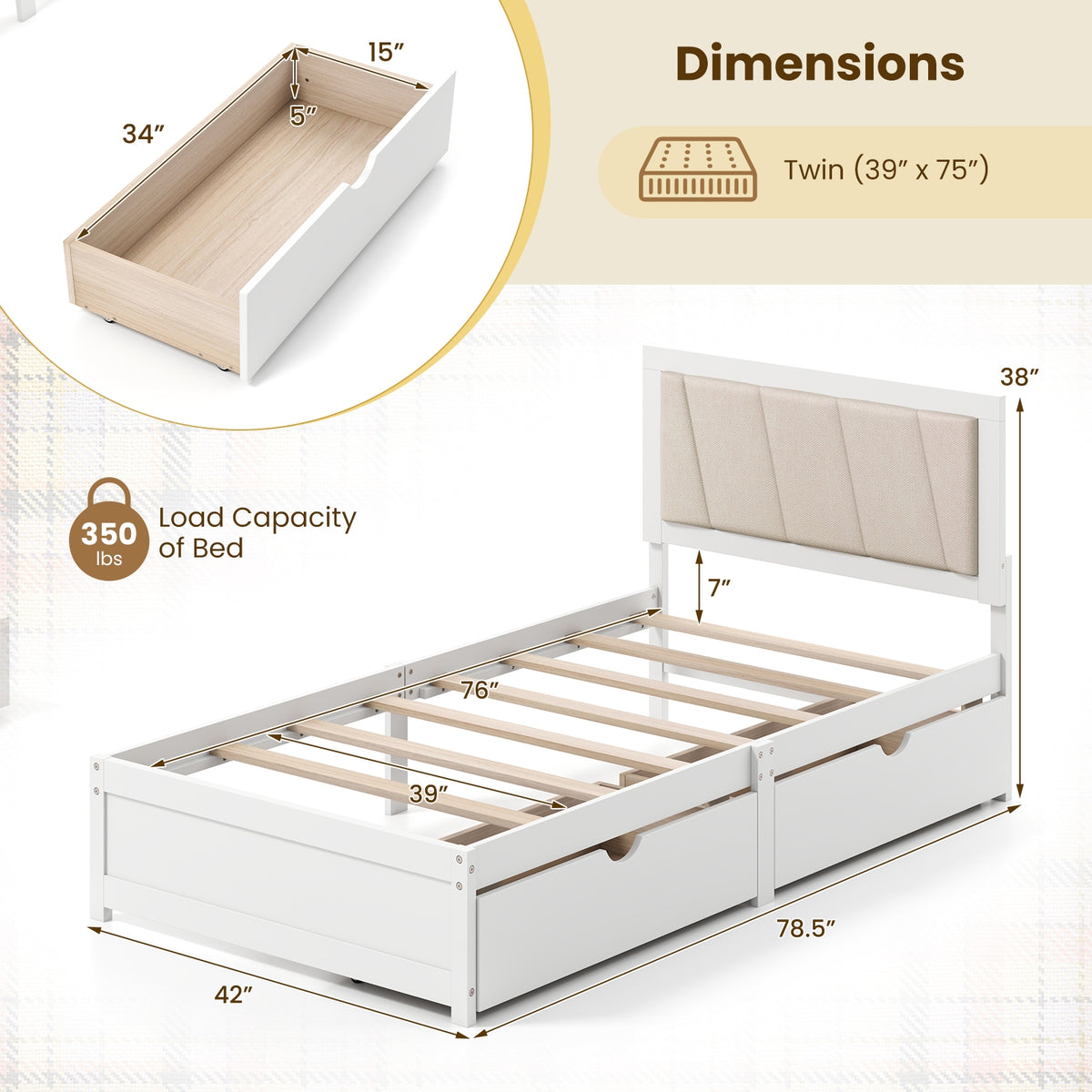 Solid Wood Structure Bed Frame with 2 Drawers Upholstered Headboard-Twin Size-Simple Bed Frame-DECOROLALA
