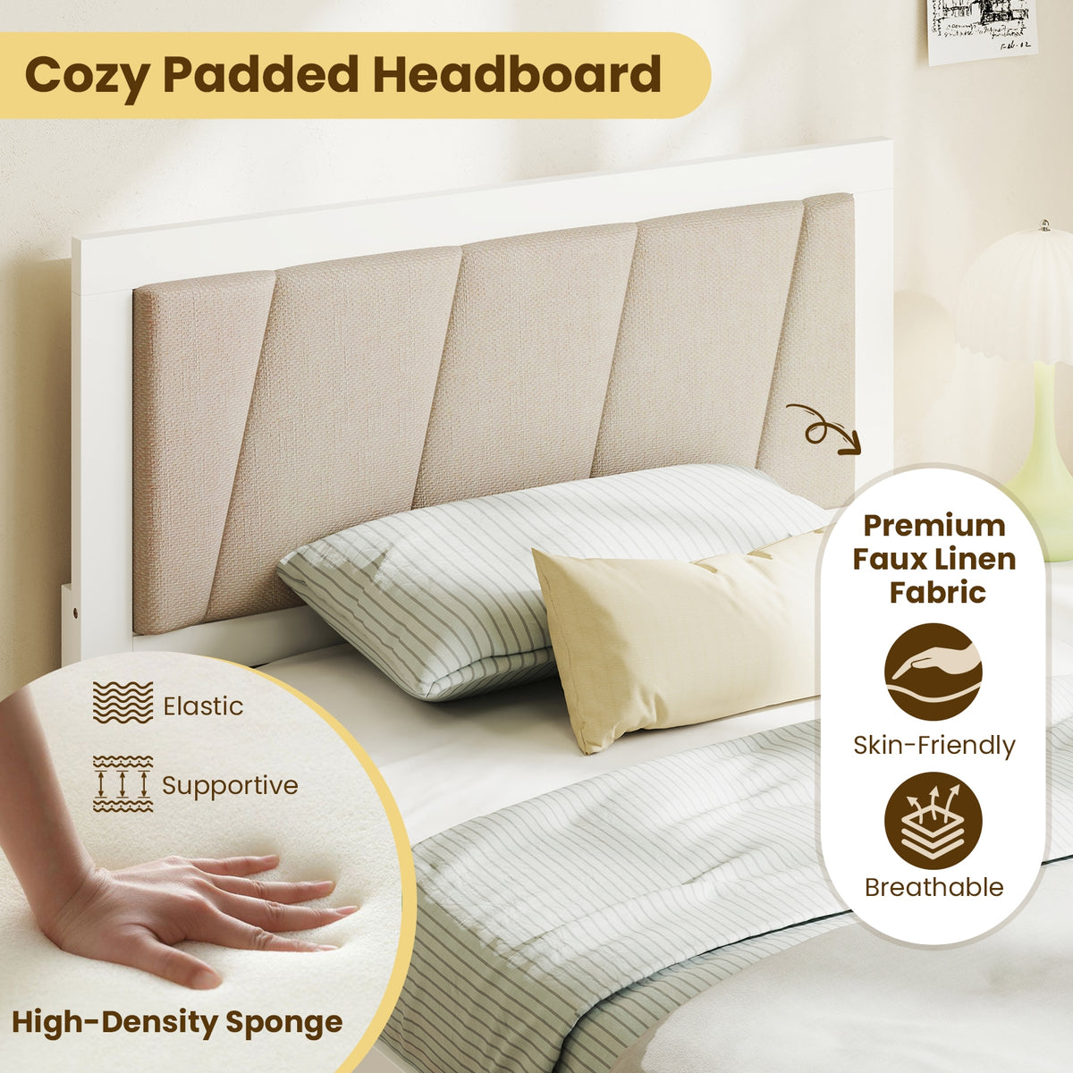 Solid Wood Structure Bed Frame with 2 Drawers Upholstered Headboard-Twin Size-Simple Bed Frame-DECOROLALA