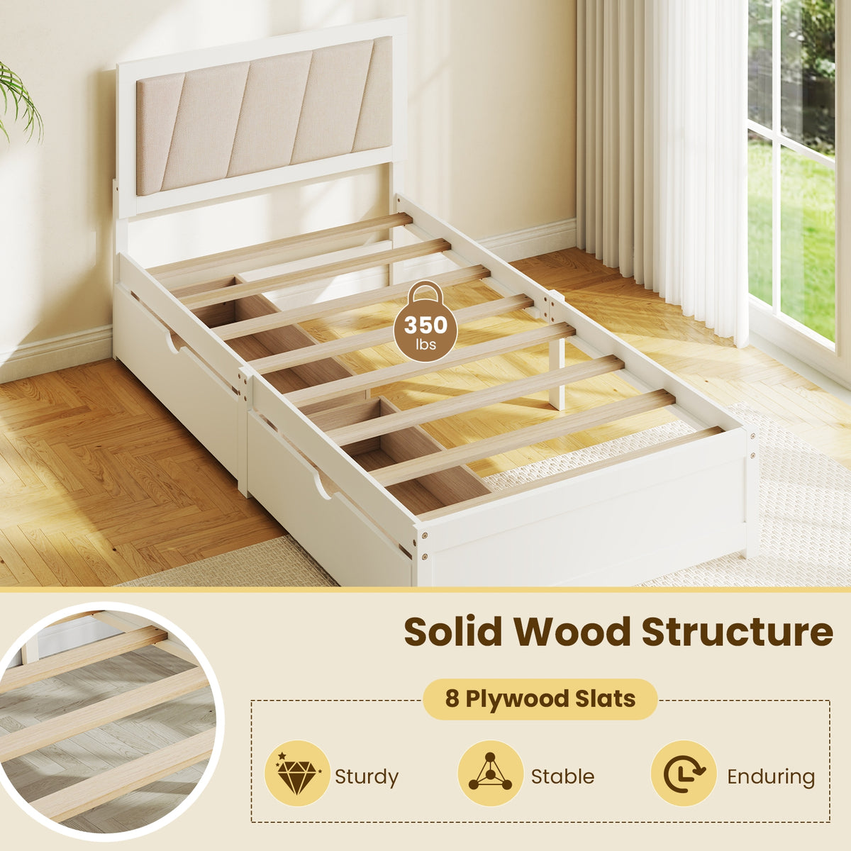 Solid Wood Structure Bed Frame with 2 Drawers Upholstered Headboard-Twin Size-Simple Bed Frame-DECOROLALA