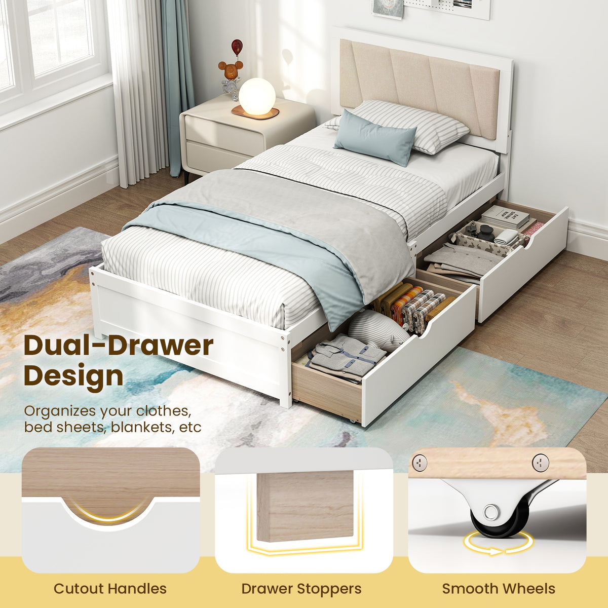 Solid Wood Structure Bed Frame with 2 Drawers Upholstered Headboard-Twin Size-Simple Bed Frame-DECOROLALA