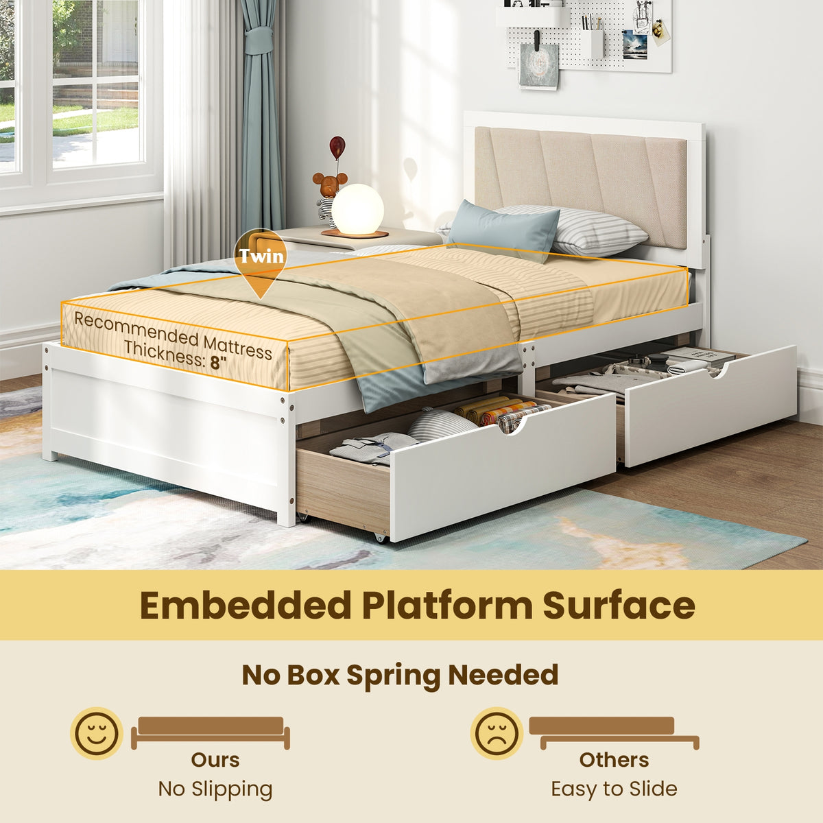 Solid Wood Structure Bed Frame with 2 Drawers Upholstered Headboard-Twin Size-Simple Bed Frame-DECOROLALA