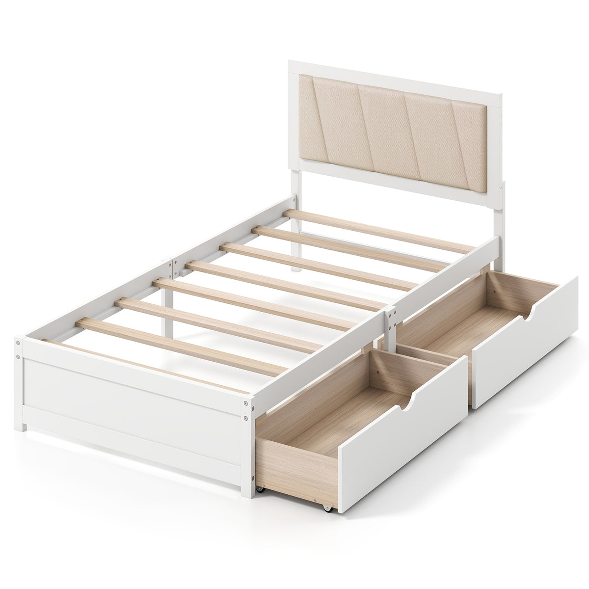 Solid Wood Structure Bed Frame with 2 Drawers Upholstered Headboard-Twin Size-Simple Bed Frame-DECOROLALA