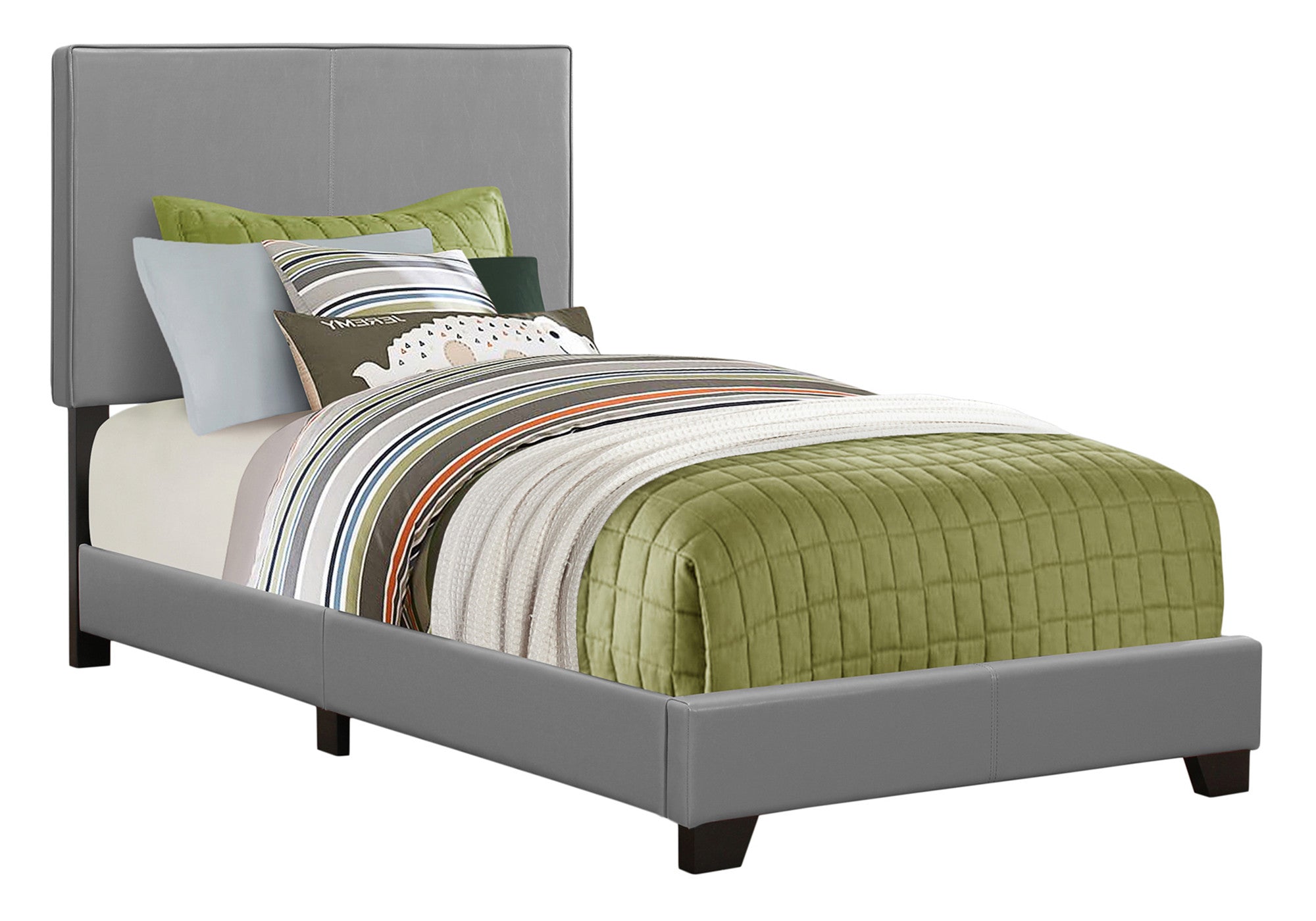 Solid Wood Twin Gray Upholstered Faux Leather Bed-Standard Beds-DECOROLALA