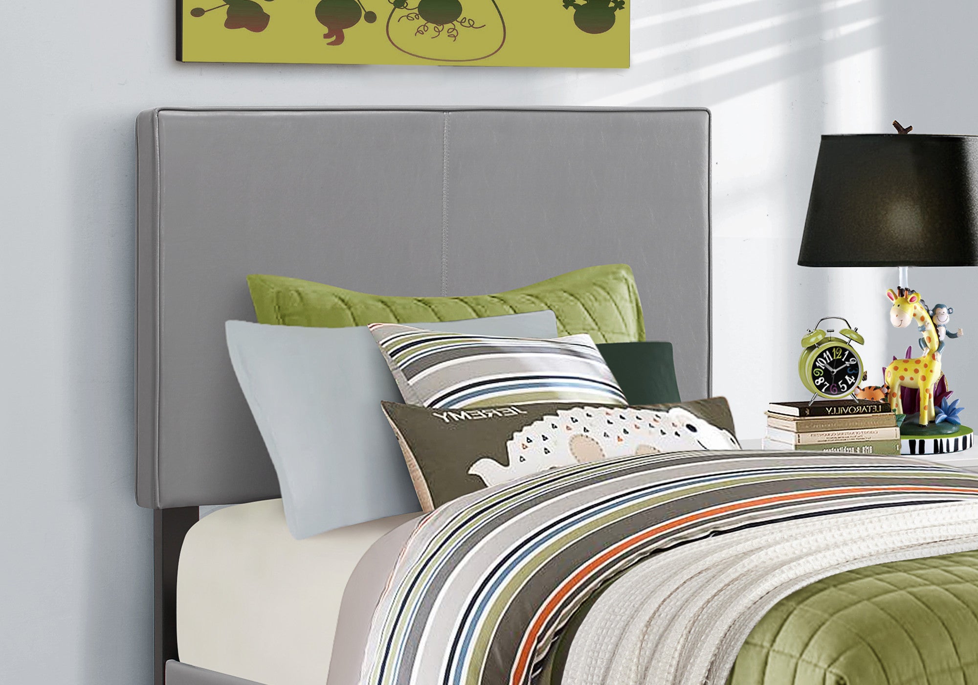 Solid Wood Twin Gray Upholstered Faux Leather Bed-Standard Beds-DECOROLALA