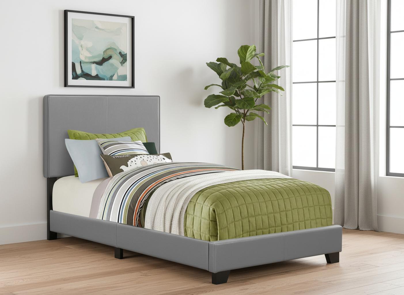 Solid Wood Twin Gray Upholstered Faux Leather Bed-Standard Beds-DECOROLALA