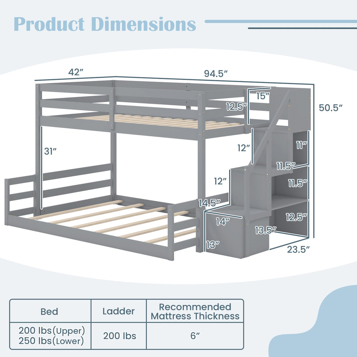 Solid Wood Twin Over Full Low Bunk Bed with Storage Stairs-Bunk Bed Frame-DECOROLALA