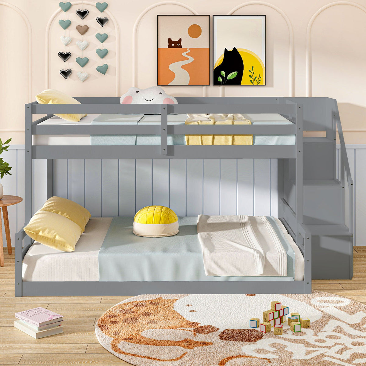 Solid Wood Twin Over Full Low Bunk Bed with Storage Stairs-Bunk Bed Frame-DECOROLALA