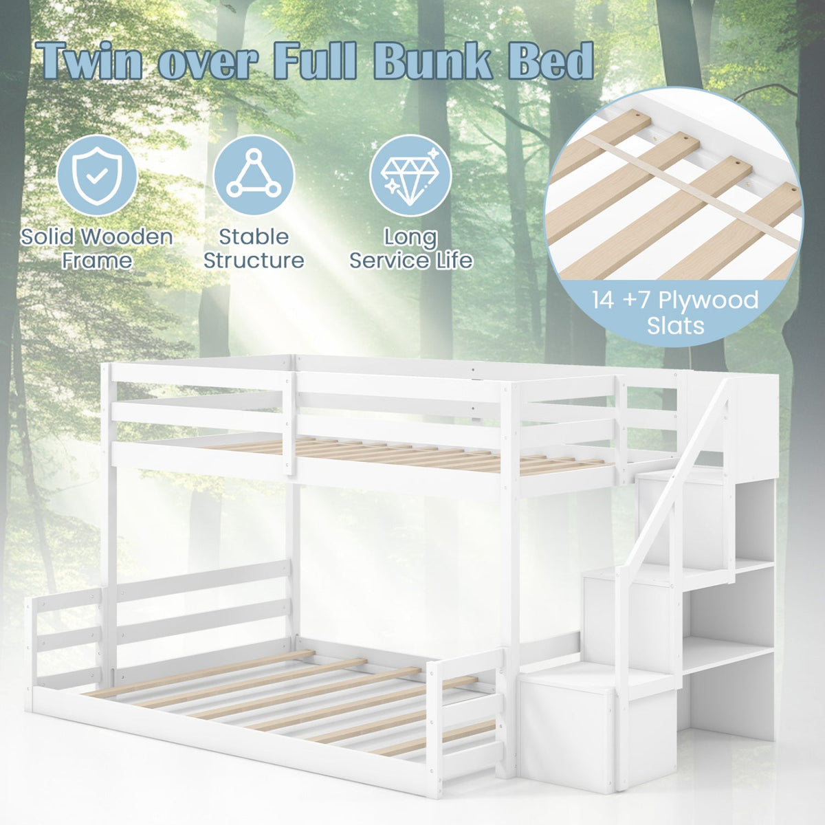 Solid Wood Twin Over Full Low Bunk Bed with Storage Stairs-Bunk Bed Frame-DECOROLALA