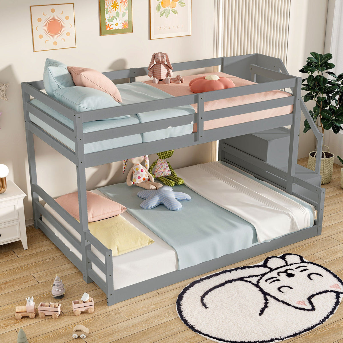 Solid Wood Twin Over Full Low Bunk Bed with Storage Stairs-Bunk Bed Frame-DECOROLALA
