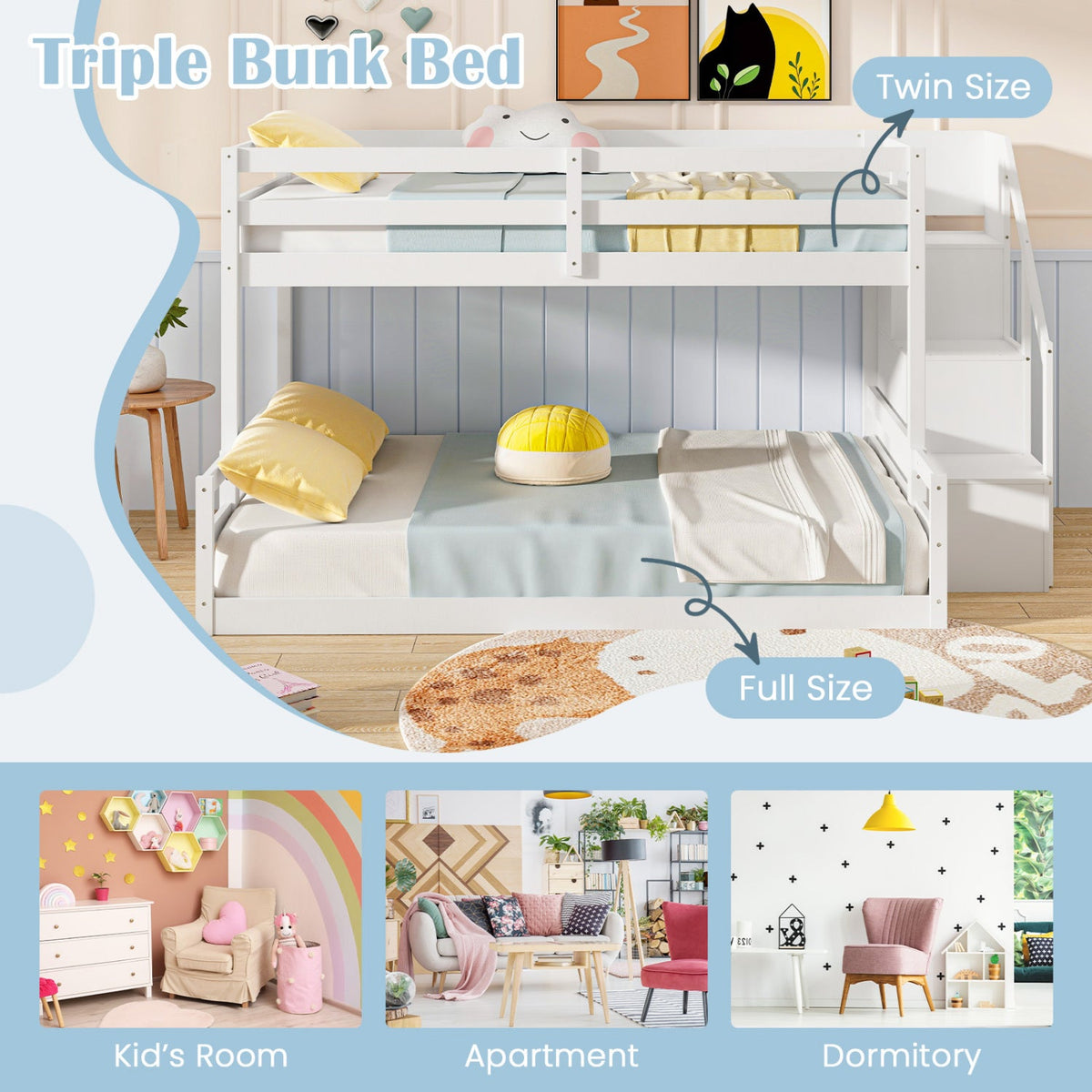 Solid Wood Twin Over Full Low Bunk Bed with Storage Stairs-Bunk Bed Frame-DECOROLALA