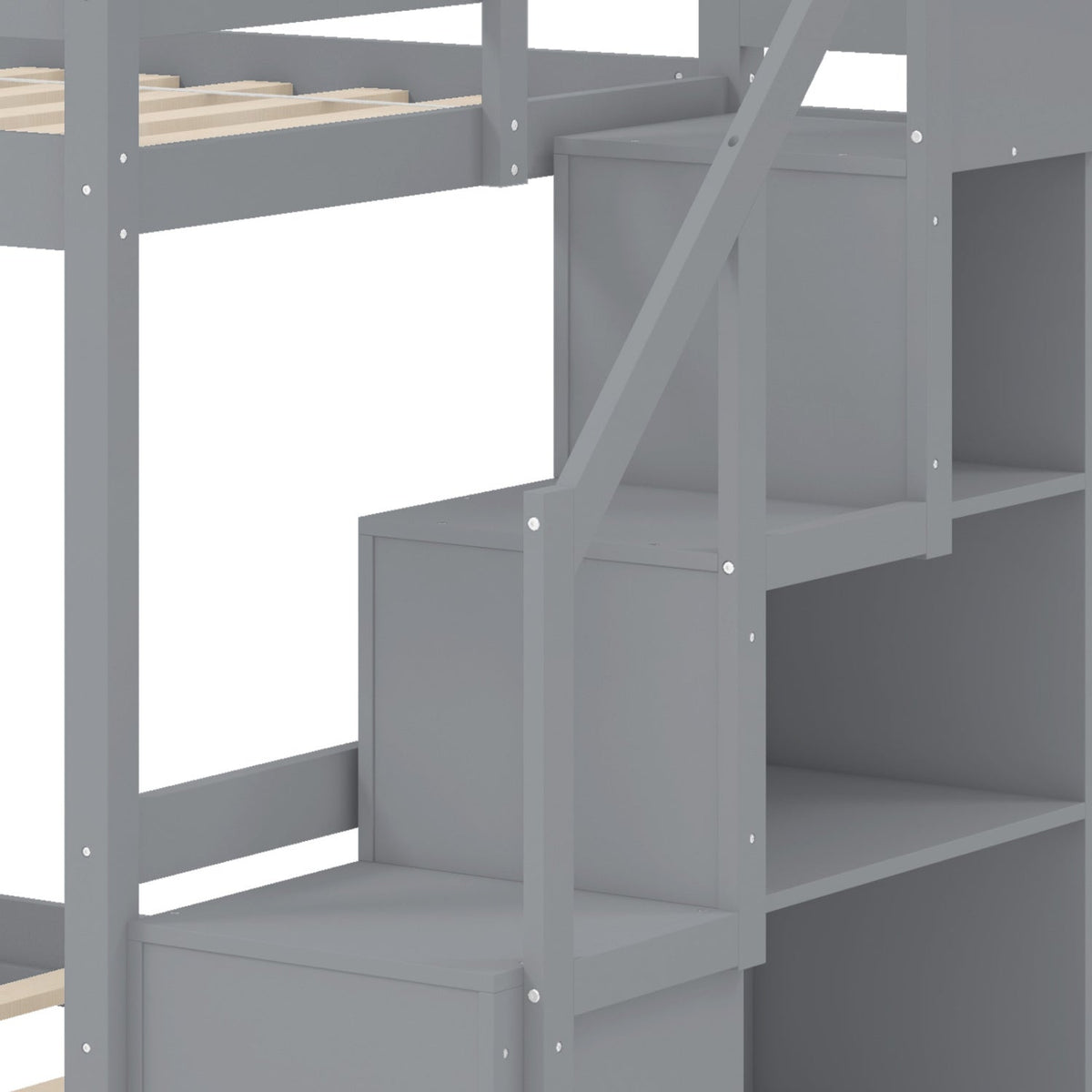 Solid Wood Twin Over Full Low Bunk Bed with Storage Stairs-Bunk Bed Frame-DECOROLALA