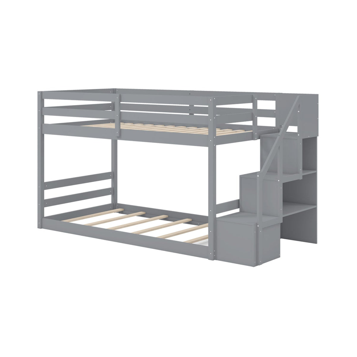 Solid Wood Twin Over Full Low Bunk Bed with Storage Stairs-Bunk Bed Frame-DECOROLALA