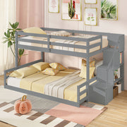 Solid Wood Twin Over Full Low Bunk Bed with Storage Stairs-Bunk Bed Frame-DECOROLALA