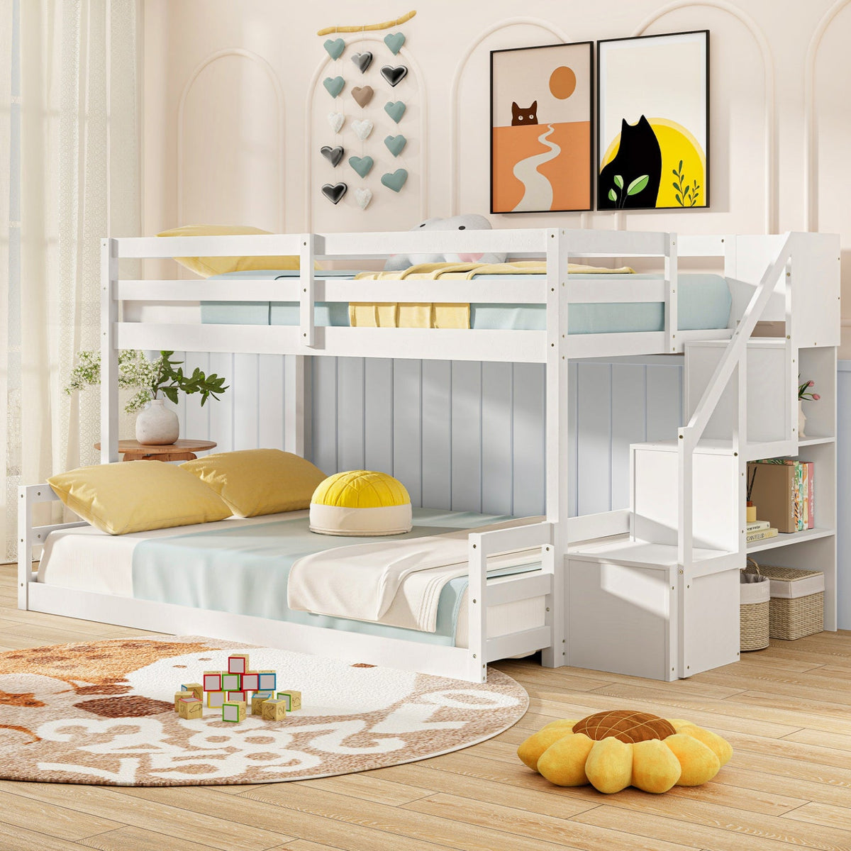 Solid Wood Twin Over Full Low Bunk Bed with Storage Stairs-Bunk Bed Frame-DECOROLALA