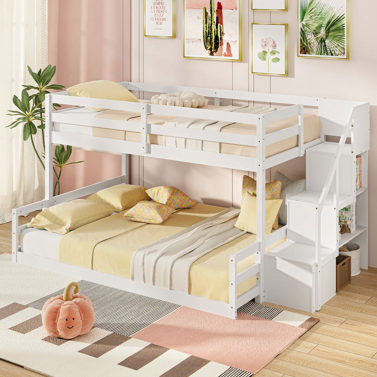 Solid Wood Twin Over Full Low Bunk Bed with Storage Stairs-Bunk Bed Frame-DECOROLALA