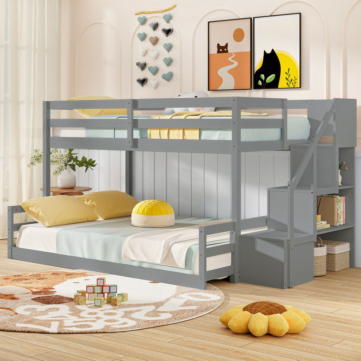 Solid Wood Twin Over Full Low Bunk Bed with Storage Stairs-Bunk Bed Frame-DECOROLALA