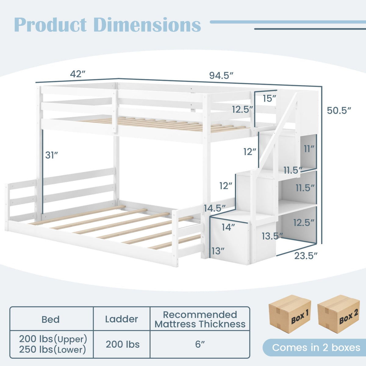 Solid Wood Twin Over Full Low Bunk Bed with Storage Stairs-Bunk Bed Frame-DECOROLALA