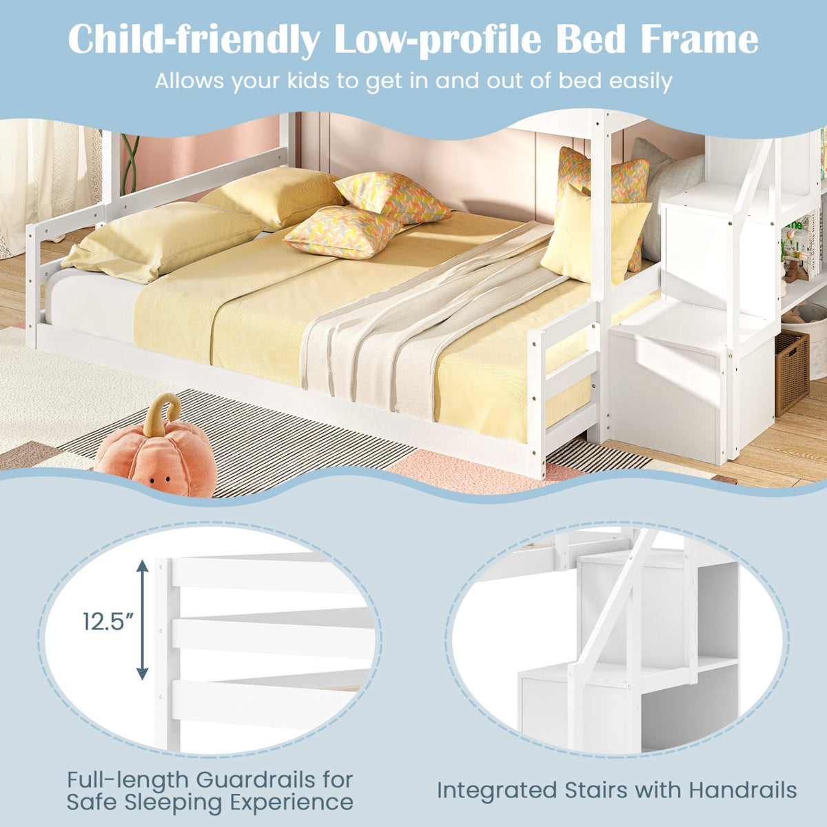 Solid Wood Twin Over Full Low Bunk Bed with Storage Stairs-Bunk Bed Frame-DECOROLALA