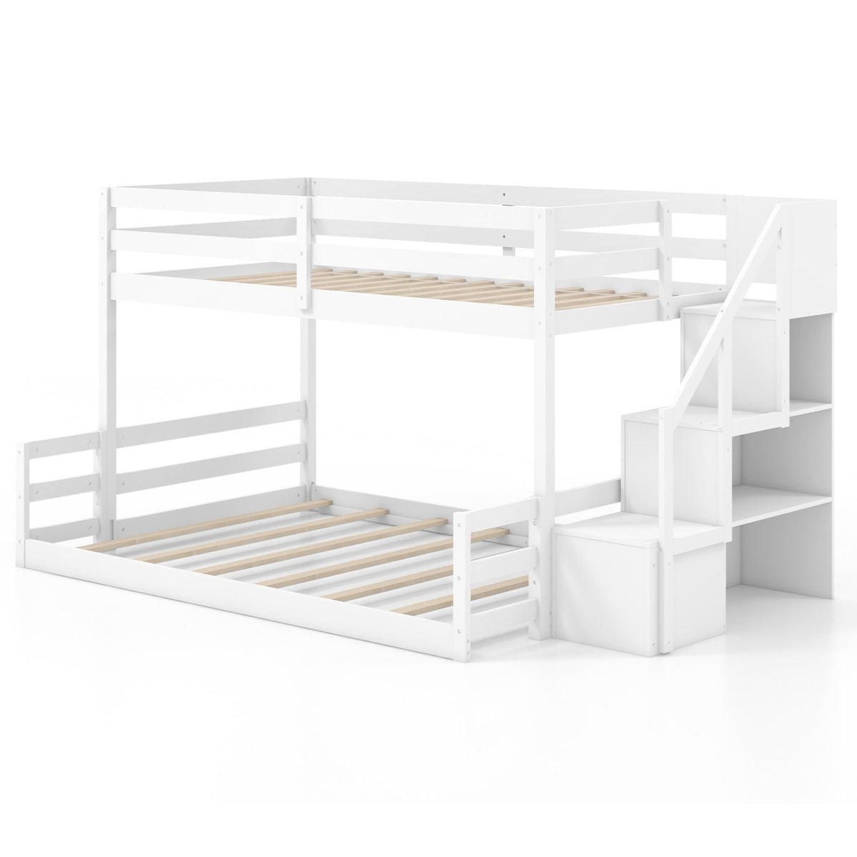 Solid Wood Twin Over Full Low Bunk Bed with Storage Stairs-Bunk Bed Frame-DECOROLALA