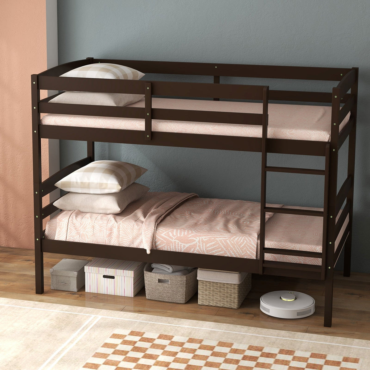 Solid Wood Twin Over Twin Bunk Bed with Ladder and Guardrails-Bunk Bed Frame-DECOROLALA