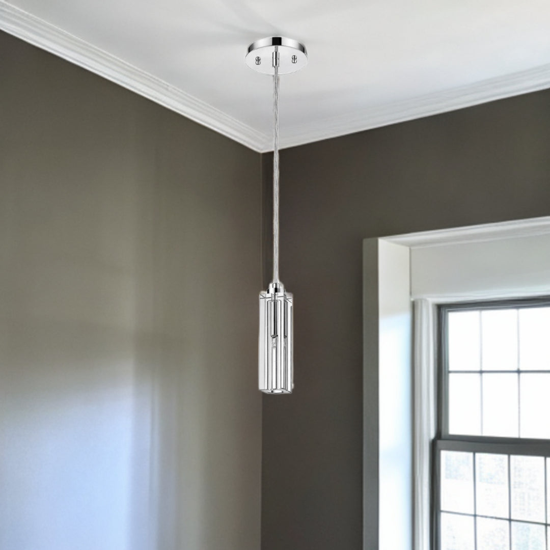Solo 1-Light Polished Chrome Pendant With Square 4-Sided Cut Crystal Shade-Pendants-Hanging Lights-DECOROLALA