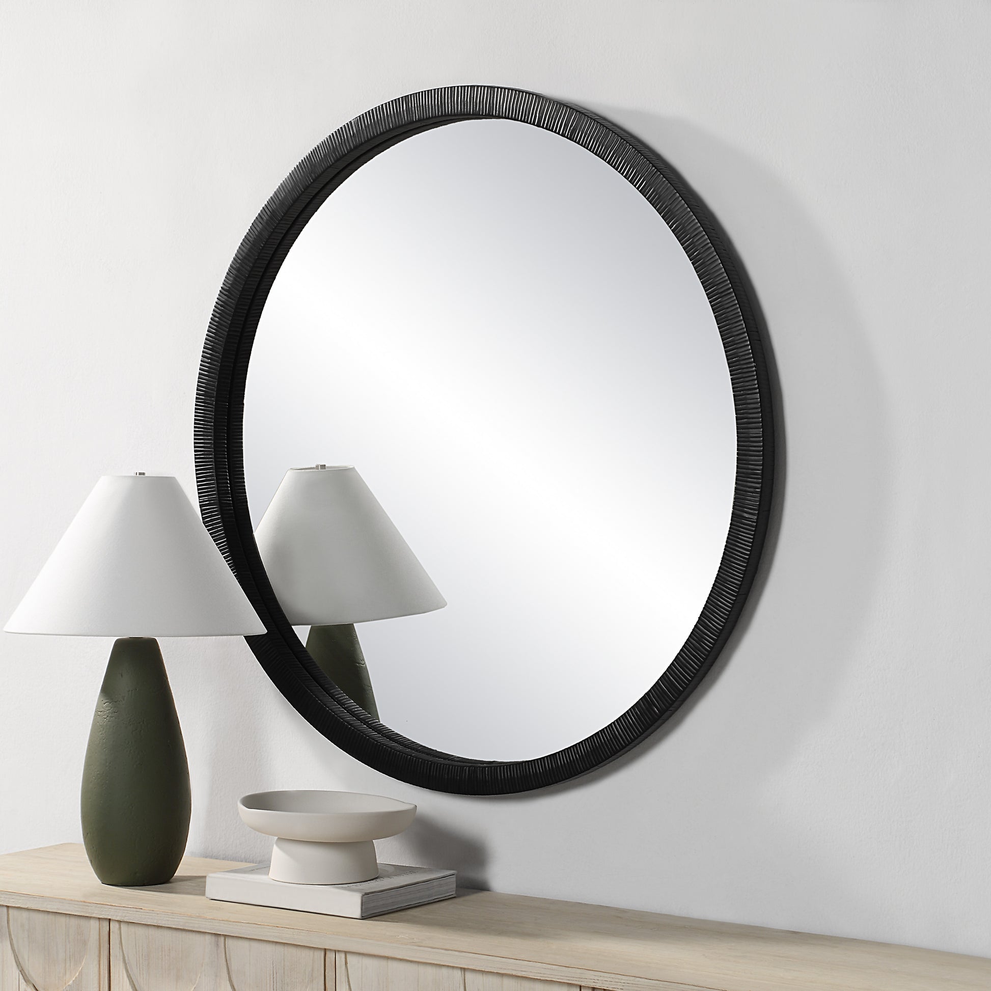 Solo 48" Tall Round Wall Mirror, Black-Mirror-DECOROLALA
