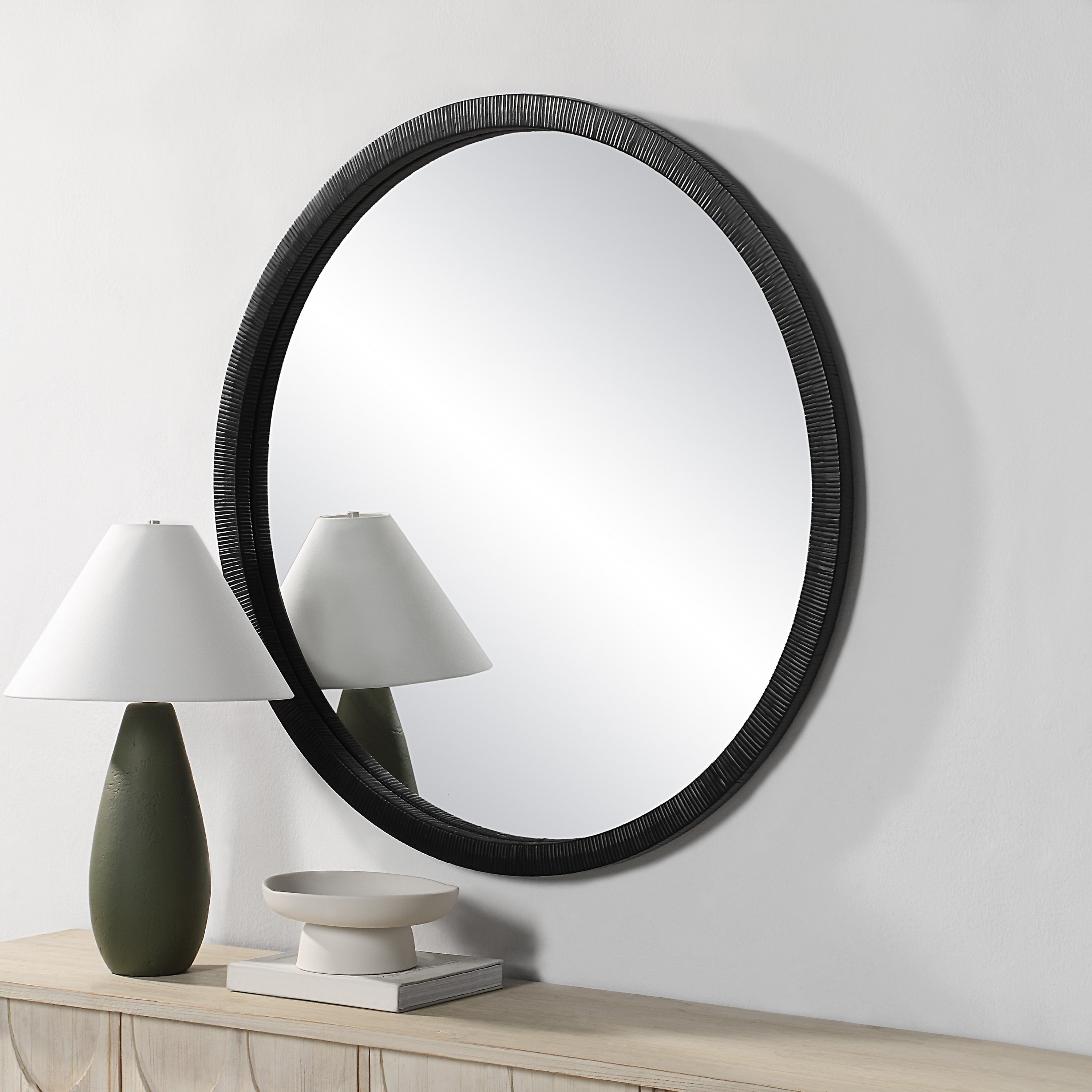 Solo 48" Tall Round Wall Mirror, Black-Mirror-DECOROLALA