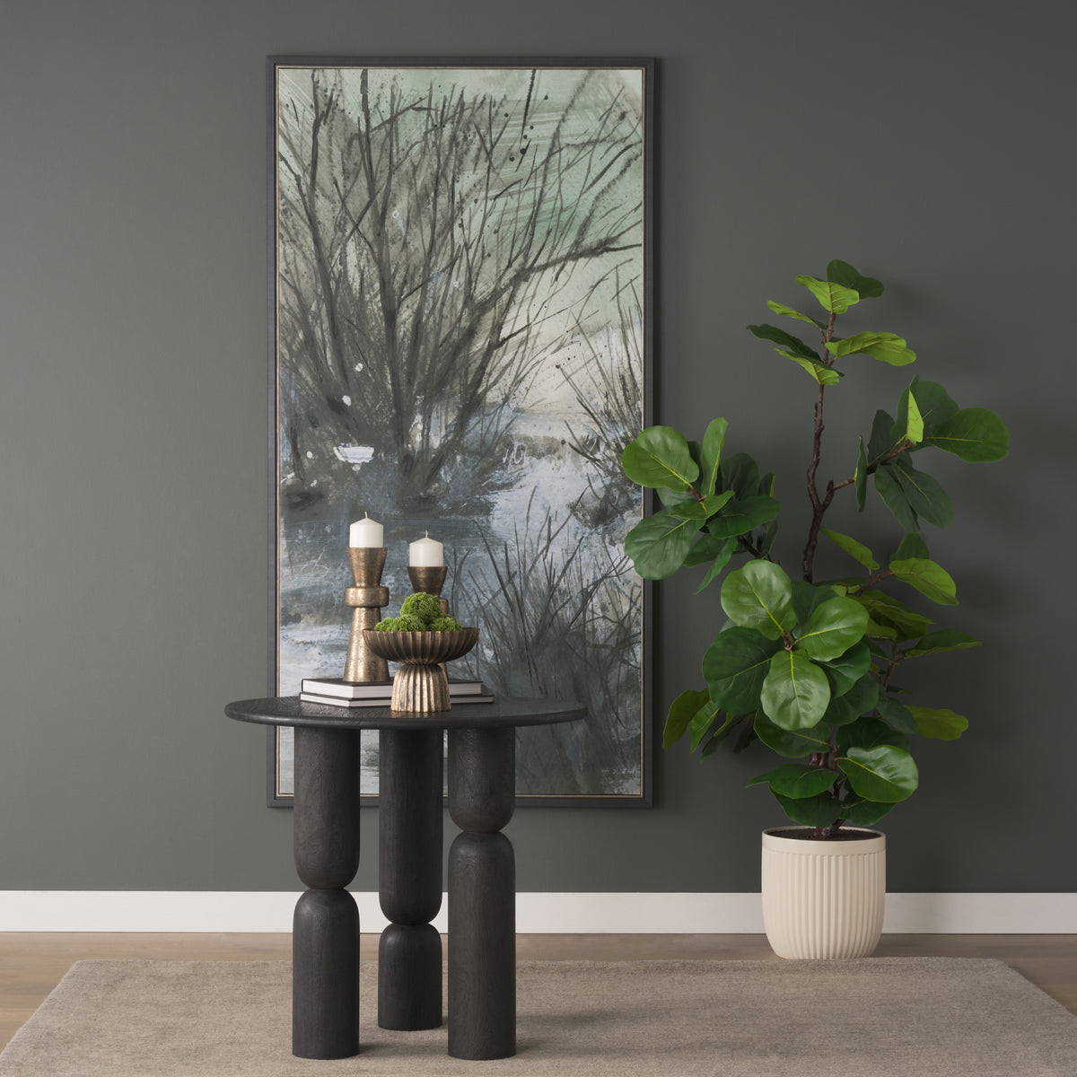 Sonel Pedestal Medium Dark Brown Acacia Wood Foyer Table-Accent Tables-DECOROLALA
