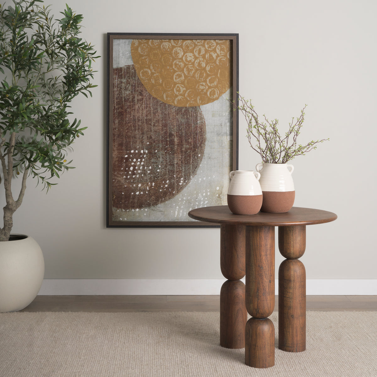 Sonel Pedestal Medium Dark Brown Acacia Wood Foyer Table-Accent Tables-DECOROLALA