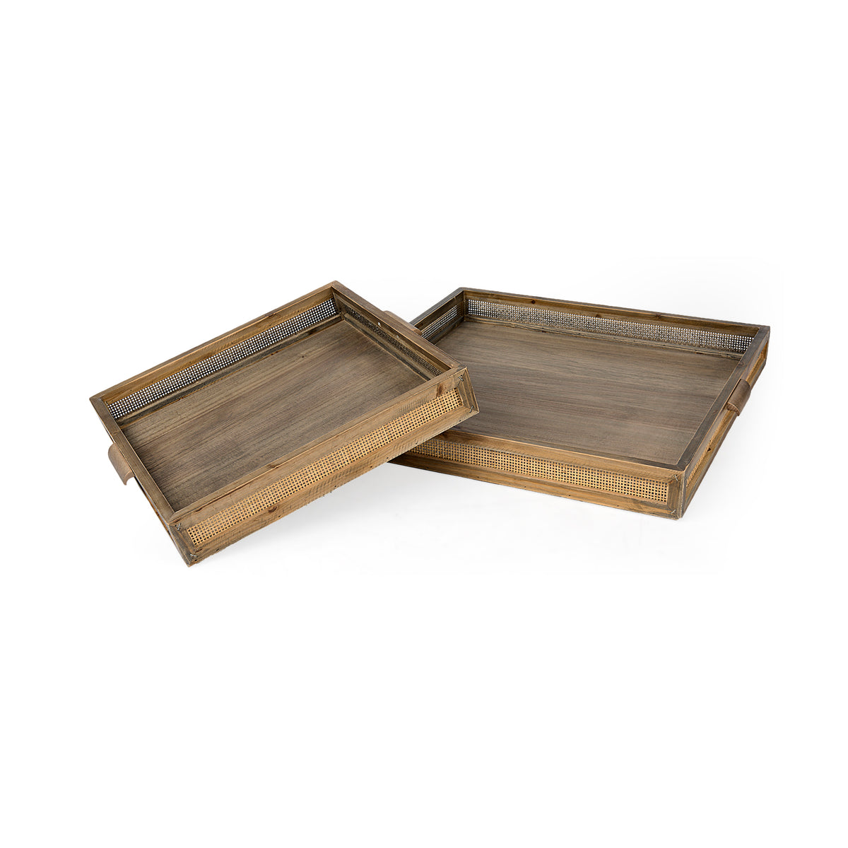 Sonny 23.6L x 23.6W x 2.0H Set of Two Brown Wood and Wicker Square Trays-Trays-DECOROLALA