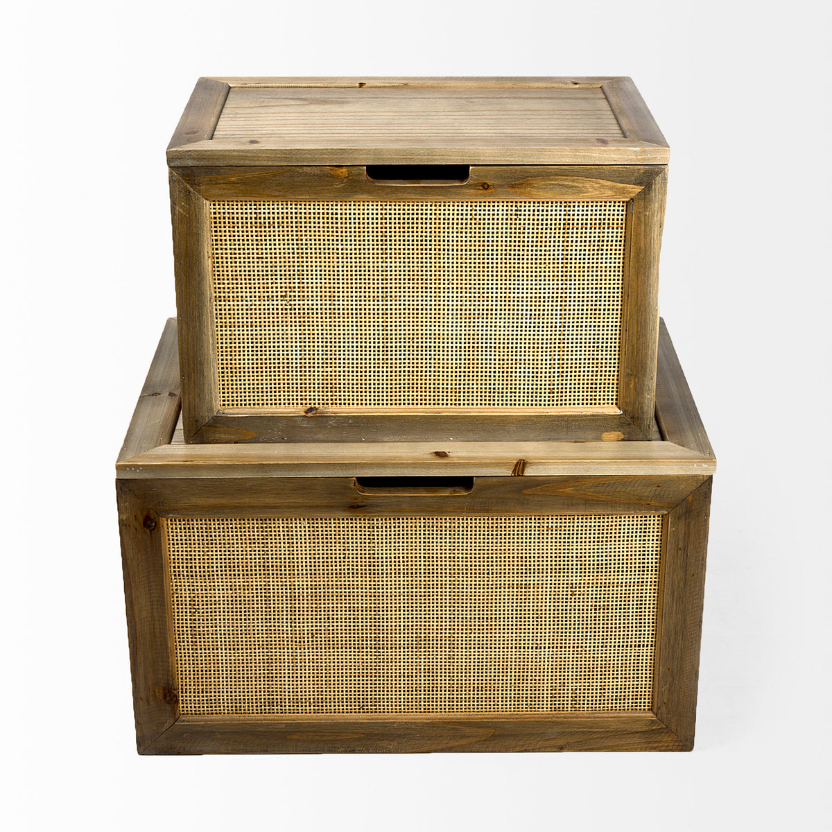 Sonny 23.6L x 15.7W x 13.8H Set of Two Brown Wood and Wicker W/ Metal Detail Rectangular Boxes-Boxes-DECOROLALA