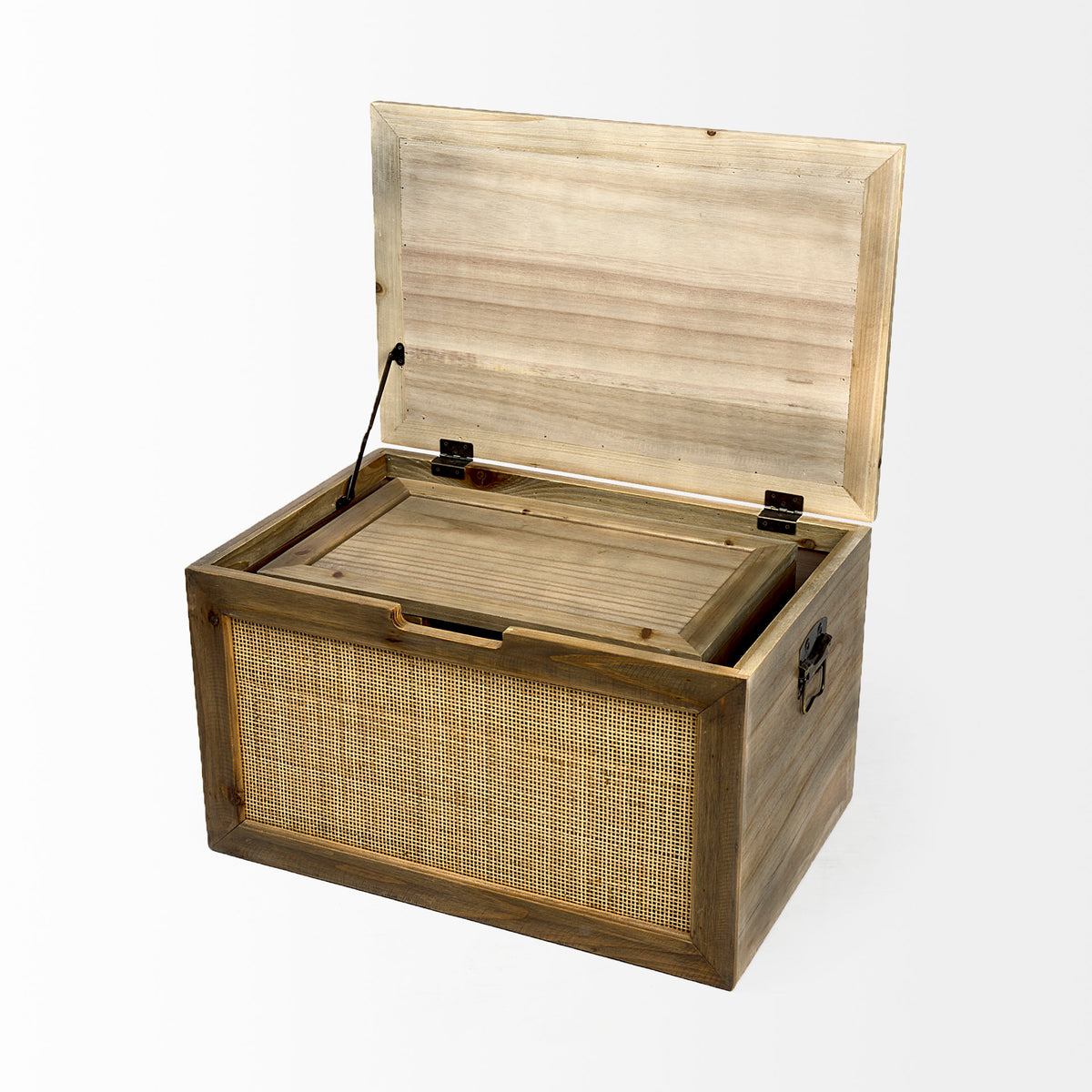 Sonny 23.6L x 15.7W x 13.8H Set of Two Brown Wood and Wicker W/ Metal Detail Rectangular Boxes-Boxes-DECOROLALA