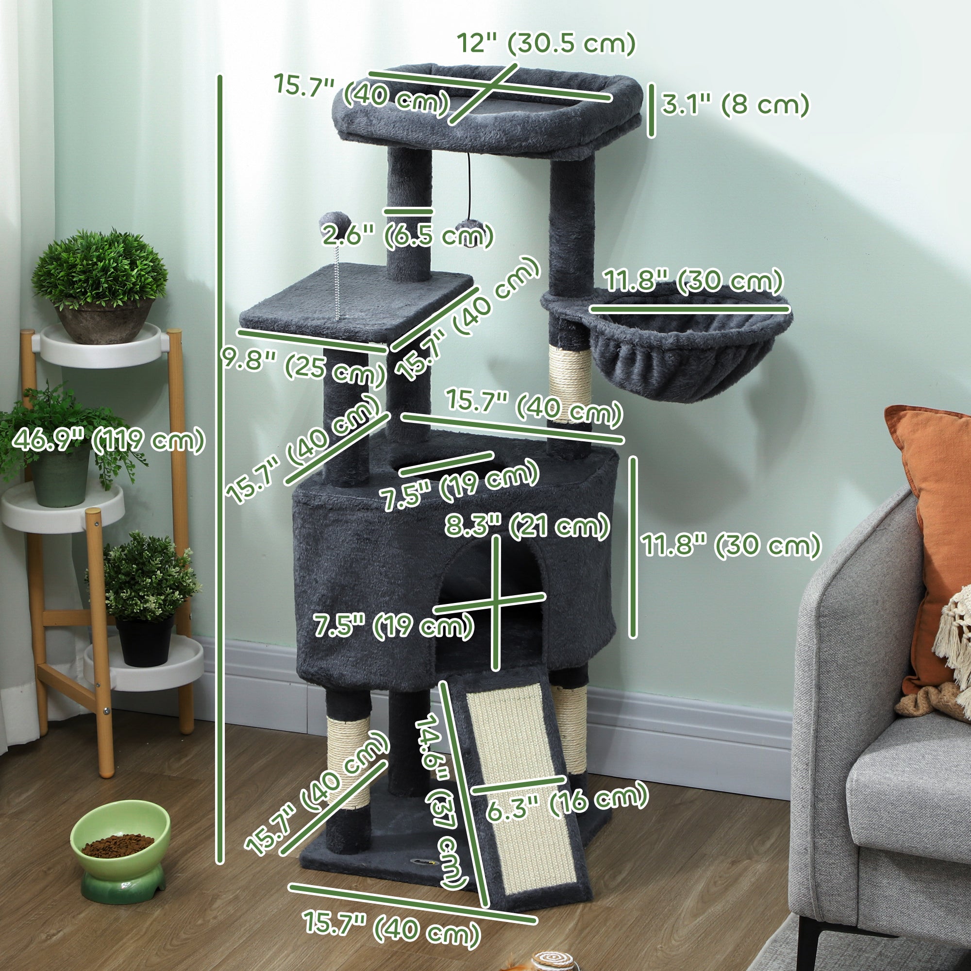 47 Inch Cat Tree, Cat Tower for Indoor Cats with Cozy Condo, Bed, Toy Balls, Sisal Scratching Posts, Hammock, Dark Grey