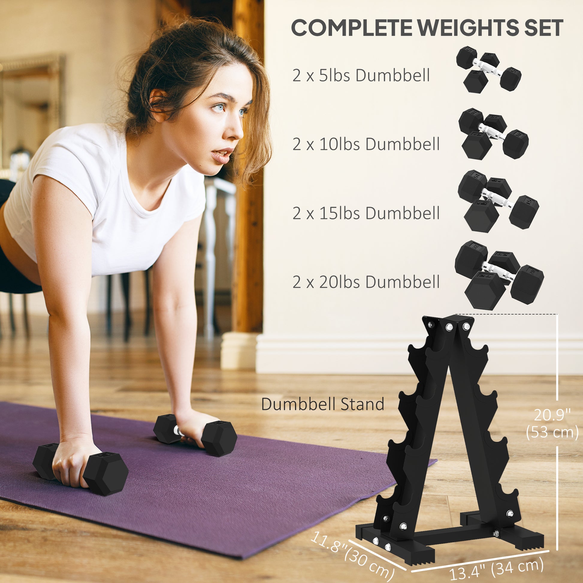Soozier 100 lbs Hex Dumbbell Set with Rack - Black Rubber-DECOROLALA